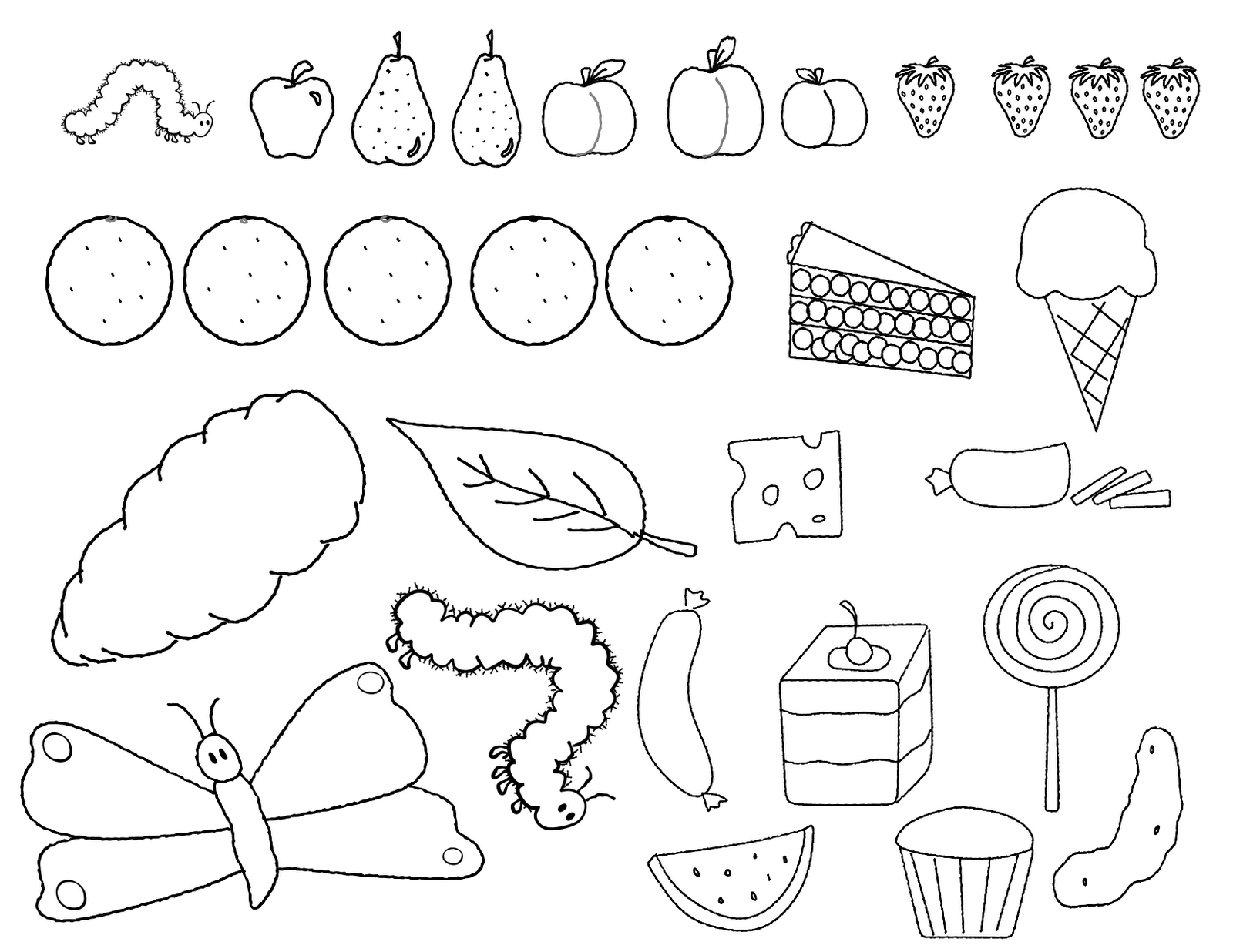 The Very Hungry Caterpillar Activities: Free Coloring Page Of The Items In The Very Hungry Caterpillar Story. - Eric Carle, Transparent background PNG HD thumbnail