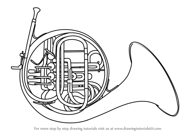 Learn How To Draw A French Horn (Musical Instruments) Step By Step : Drawing Tutorials - French Horn Black And White, Transparent background PNG HD thumbnail