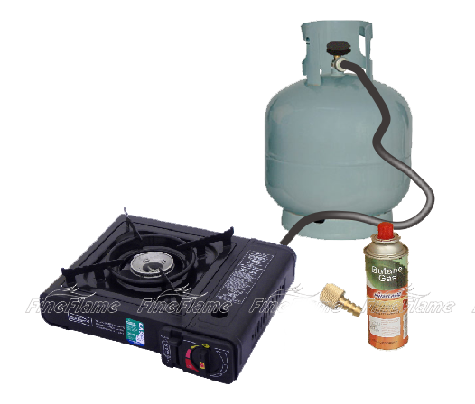 Burner: Casted Aluminum. Color: Black Capacity: 168G/hr. Finish: Painting Cartridge: 220G Butane Cartridge, Not Included. Piezo Ignition - Gas Stove With Cylinder, Transparent background PNG HD thumbnail