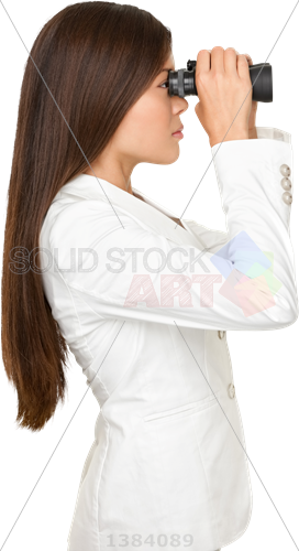 Stock Photo Of Serious Asian Brunette Businesswoman In White Suit Peeking Thru Binoculars Profile On Transparent Vertical - Girl Serious, Transparent background PNG HD thumbnail