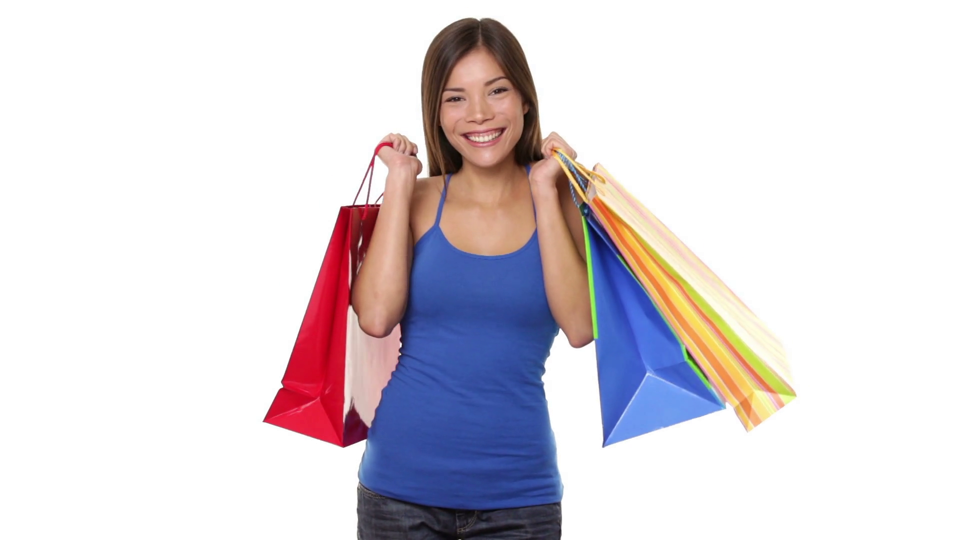 Female Shopper Looking At Empty Copy Space. Isolated On White Background. Beautiful Chinese Asian Caucasian Girl Holding Shopping Bags. - Girl With Shopping Bags, Transparent background PNG HD thumbnail