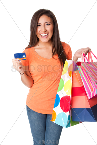 Stock Photo Of Happy Woman Holding Shopping Bags And Credit Card On White Background - Girl With Shopping Bags, Transparent background PNG HD thumbnail