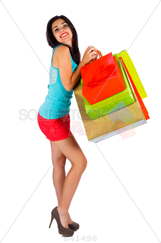Stock Photo Of Lovely Lady Smiling Cutely Holding Colorful Shopping Bags Over White Background - Girl With Shopping Bags, Transparent background PNG HD thumbnail