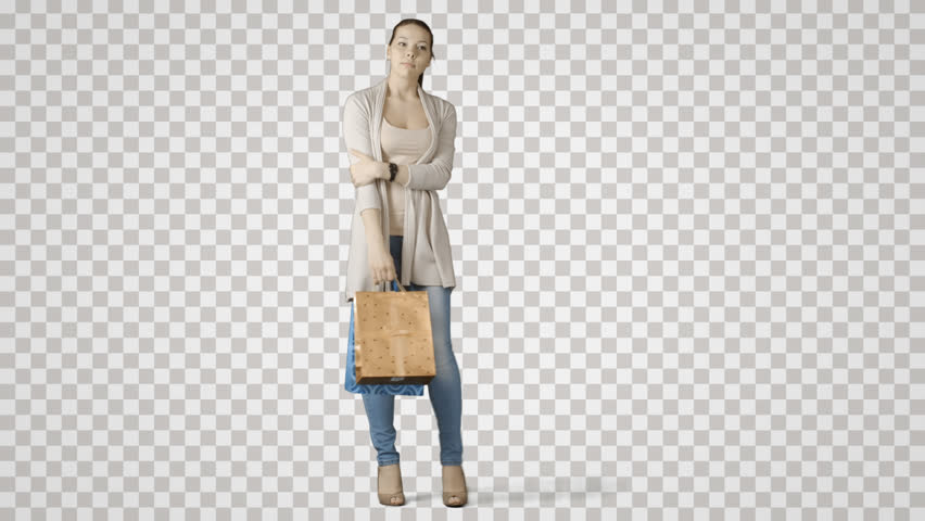 Young Standing Woman With Bags Waits Friend After Shopping. Green Screen Footage. File Format - Girls Shopping, Transparent background PNG HD thumbnail