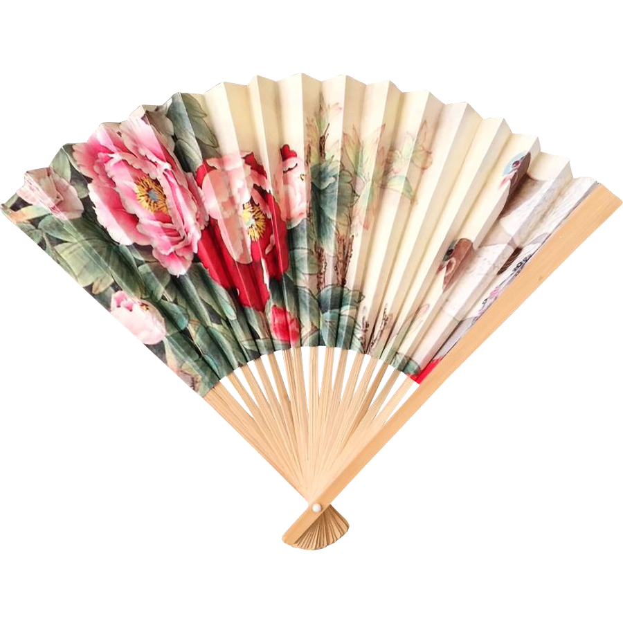 Hand Fan Png - Vintage Bamboo Hand Fan With Exotic Print Of Peonies, Orchids And Doves, Transparent background PNG HD thumbnail