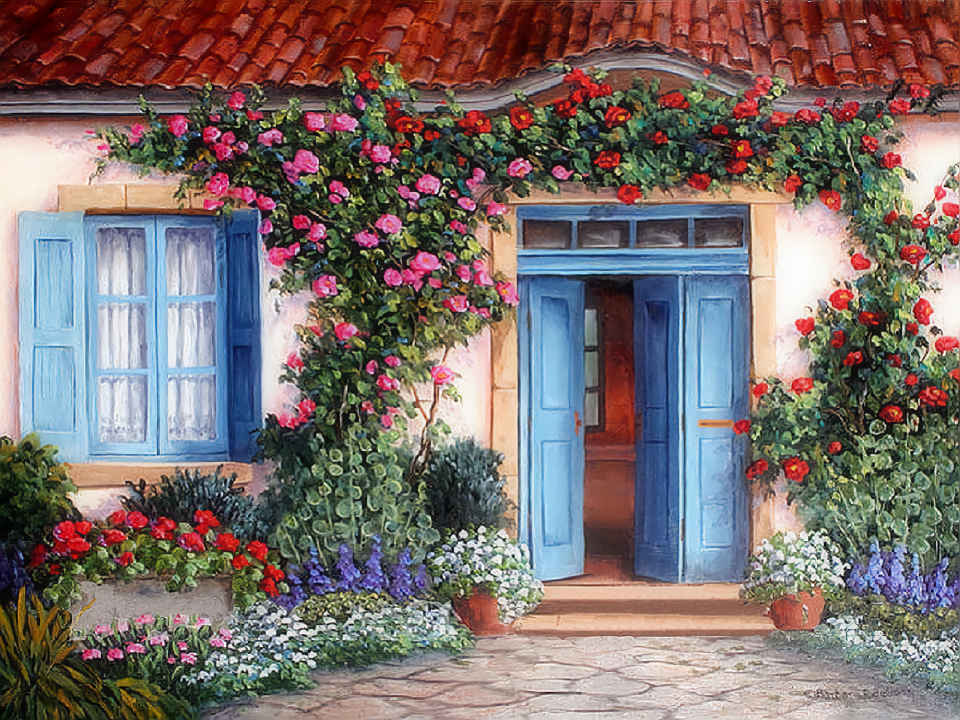 Artistic   Painting Artistic House Cottage Spring Flower Ivy Plant Door Window Wallpaper - House Painter, Transparent background PNG HD thumbnail