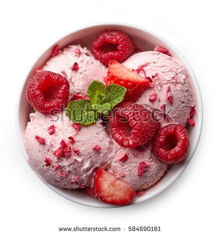 Bowl Of Pink Strawberry Ice Cream And Fresh Berries Isolated On White Background. From Top - Ice Cream Background, Transparent background PNG HD thumbnail