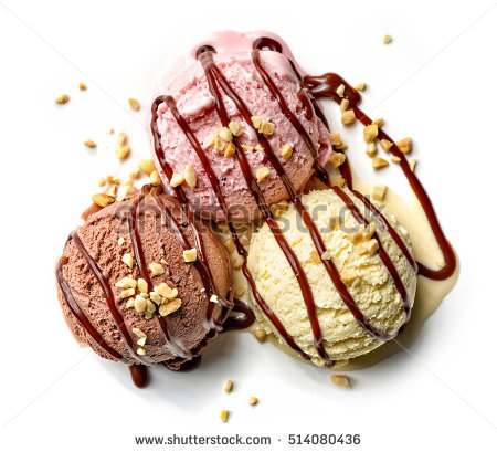 Various Ice Cream Balls With Chocolate Sauce And Nuts Isolated On White Background, Top View - Ice Cream Background, Transparent background PNG HD thumbnail