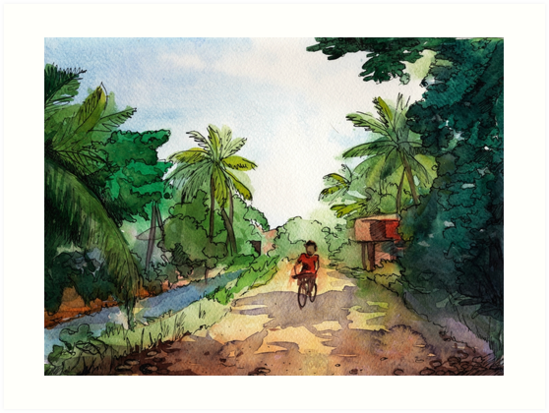 Landscape Watercolor Indian Village, A Cyclist On The Road By Olgaberlet - Indian Village, Transparent background PNG HD thumbnail