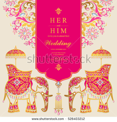 Indian Wedding Card, Elephant Patterned Gold And Crystals Color. - Indian Wedding Fonts, Transparent background PNG HD thumbnail