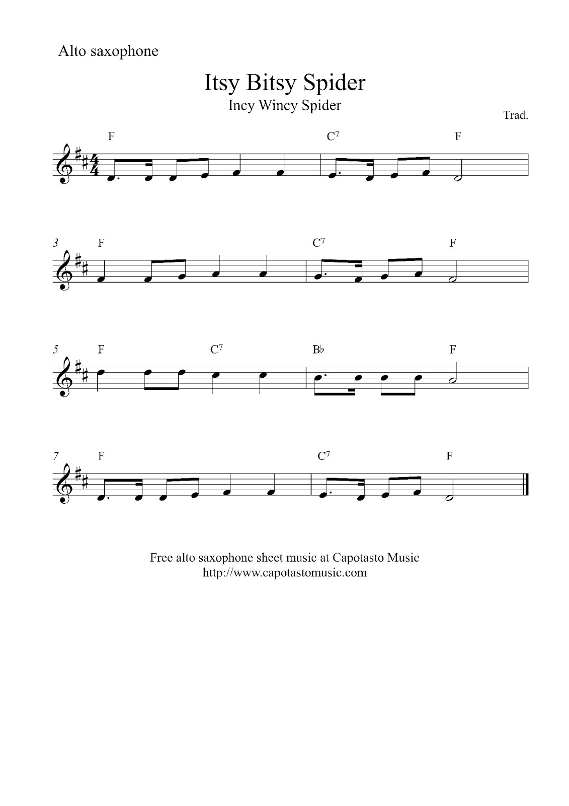 Free Easy Alto Saxophone Sheet Music, Itsy Bitsy Spider (Incy Wincy Spider) - Itsy Bitsy Spider, Transparent background PNG HD thumbnail