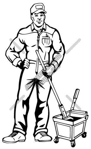 Clipart/vector Art Of: Janitor With Mop And Bucket - Janitor Black And White, Transparent background PNG HD thumbnail