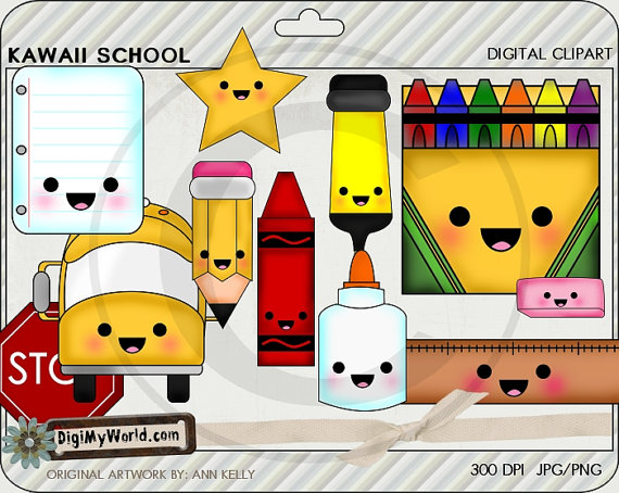 Kawaii School For Early Education Preschool And Elementary Crayons Pencil Glue Bus Colored Clip Art, For Card Making And Scrapbooking - Kawaii School, Transparent background PNG HD thumbnail