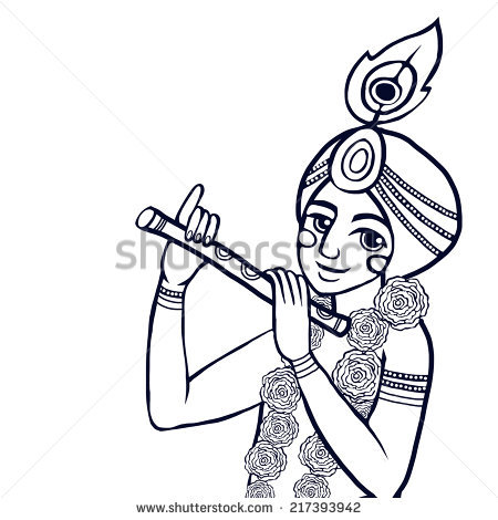 Krishna With Floral Wreath Plays The Flute On The White Background Black And White Image - Krishna Flute Black And White, Transparent background PNG HD thumbnail