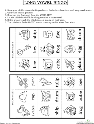 Kindergarten Reading U0026 Writing Worksheets: Play Long Vowel Bingo - Long Vowel, Transparent background PNG HD thumbnail