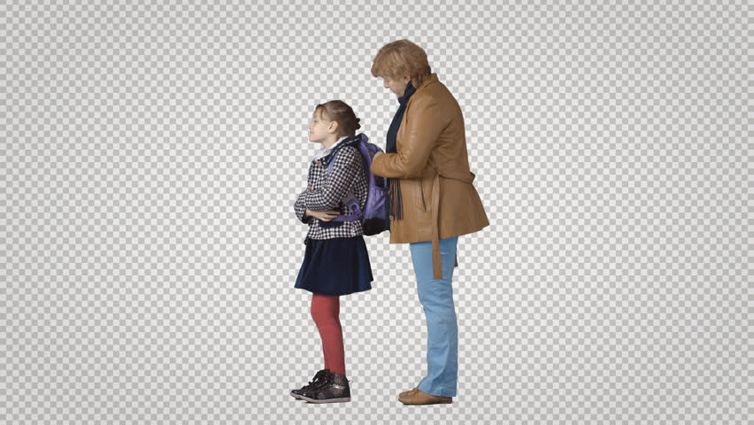 Woman With Little Girl Stands And Prepared To Go To School. Footage With Alpha Channel - Look At That, Transparent background PNG HD thumbnail
