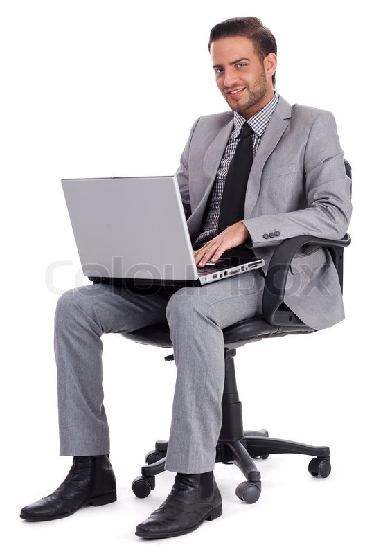 Business Man Sitting With Laptop And Smiling At Office Desk Isolated White Background, Stock Photo - Man At Desk, Transparent background PNG HD thumbnail