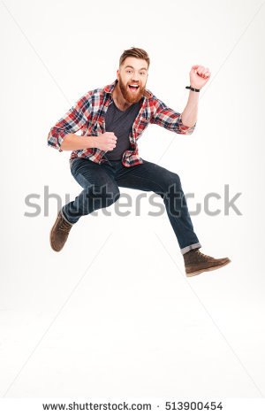 Smiling Joyful Man Jumping And Playing On Invisible Guitar Isolated On A White Background - Man Jumping For Joy, Transparent background PNG HD thumbnail