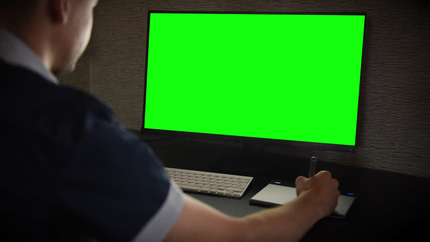 Man Use Desktop Computer At Home. Night Work. Blank Screen   Hd Stock Footage - Man On Computer, Transparent background PNG HD thumbnail
