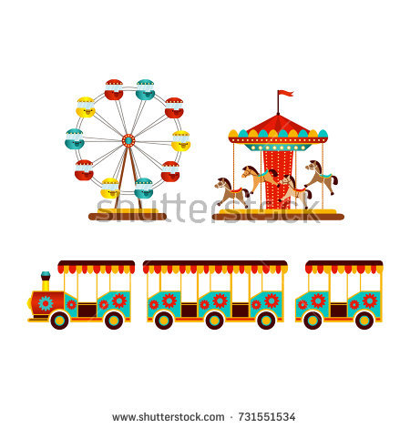 Vector Flat Amusement Park Objects Icon Set. Merry Go Round, Funfair Carnival Vintage Flying - Merry Go Round Carnival, Transparent background PNG HD thumbnail