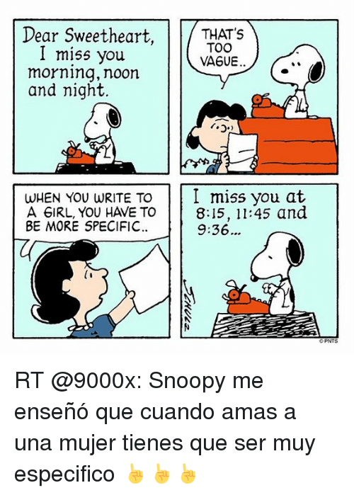 Snoopy, Espanol, And International: Dear Sweetheart, Thatu0027S I Miss You Too Vague - Morning Noon And Night, Transparent background PNG HD thumbnail