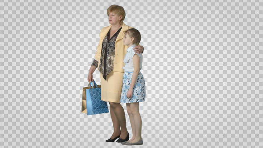 Woman U0026 Girl With Shopping Package Stand, Wait, Talk. Green Screen Footage. - Mother And Daughter Hug, Transparent background PNG HD thumbnail