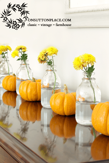 Pumpkins, gourds, and mums on