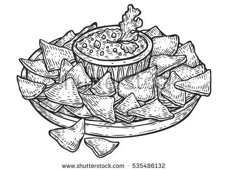 Nachos. Mexican Traditional Food Vector Hand Drawn Illustration, Menu Label, Banner Poster Identity - Nachos Black And White, Transparent background PNG HD thumbnail