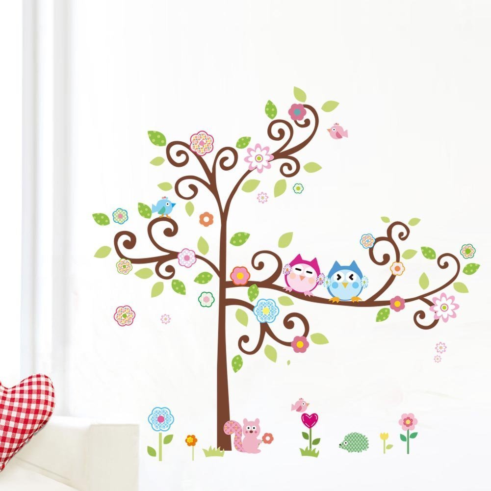 1 X Colorful Flower And Owls On The Tree Cartoon Wall Decor Sticker, Removable Decals For Kids Room Decoration, For Living Room By Soferrior     Amazon Pluspng.com - Owls In A Tree, Transparent background PNG HD thumbnail