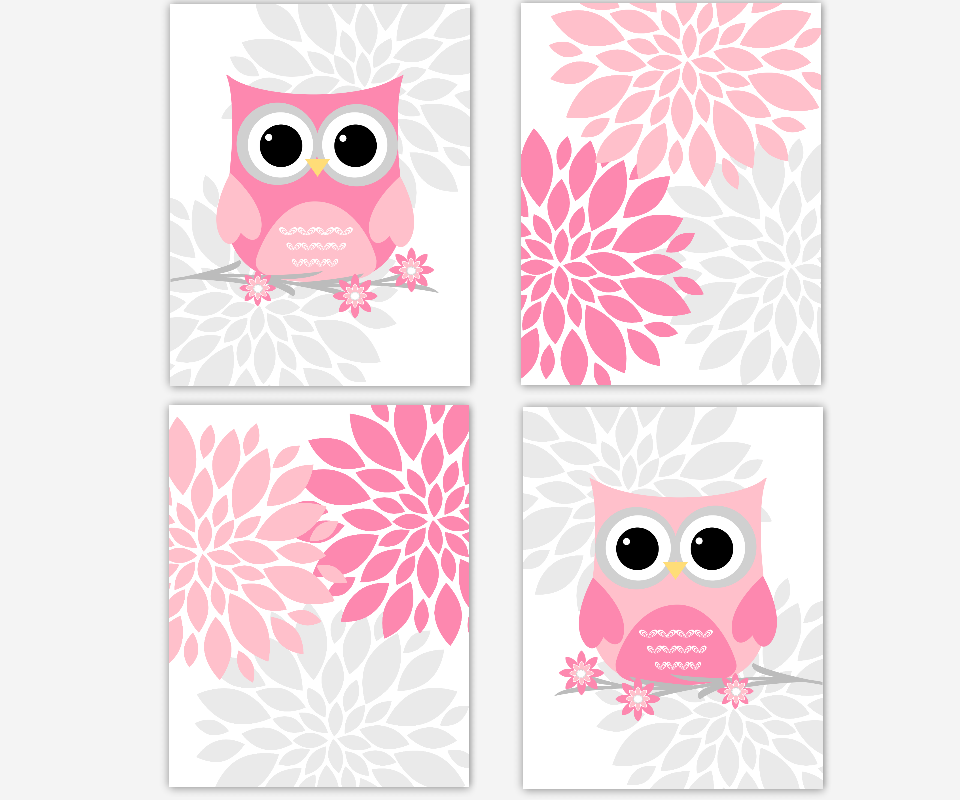 Pink And Gray Owl Png - Baby Girls Canvas Nursery Wall Art Pink Gray Grey Flower Burst Owls Dahlia Mums Modern Floral Canvas Hdpng.com , Transparent background PNG HD thumbnail