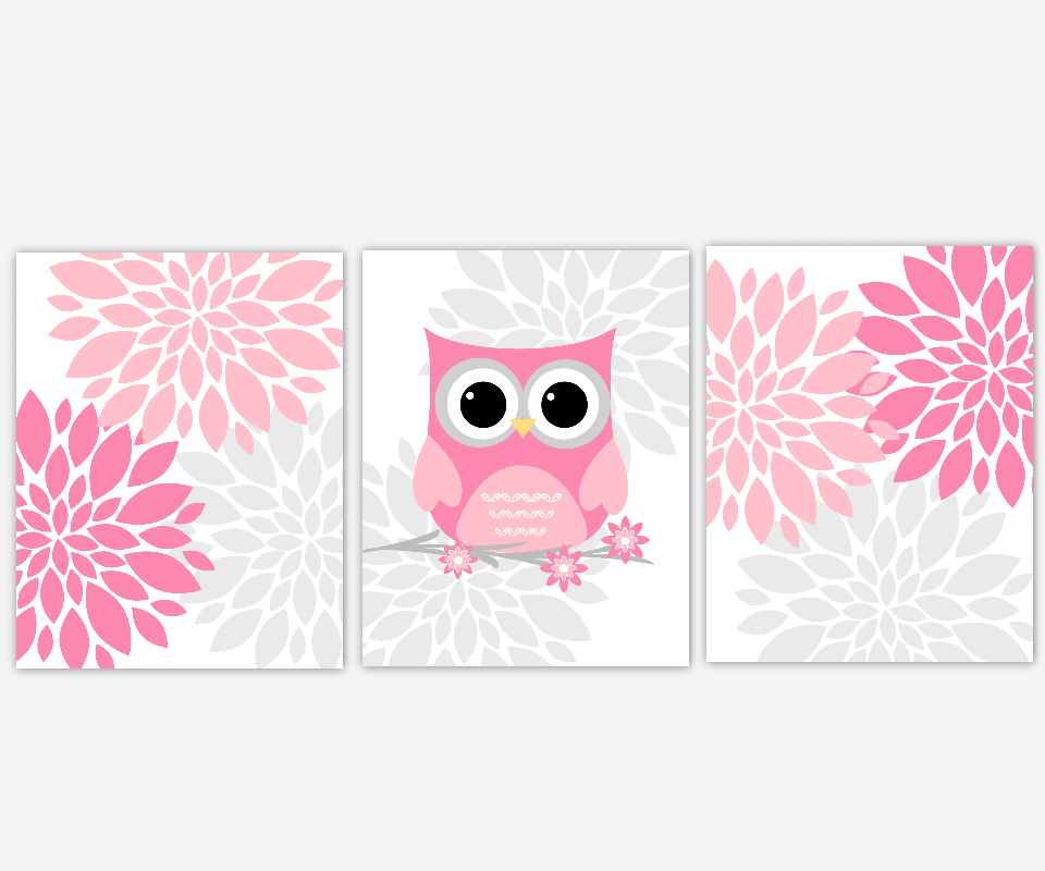 Pink And Gray Owl Png - Baby Girls Canvas Nursery Wall Art Pink Gray Grey Owl Flower Burst Dahlia Mums Canvas Prints Baby Nursery Decor, Transparent background PNG HD thumbnail