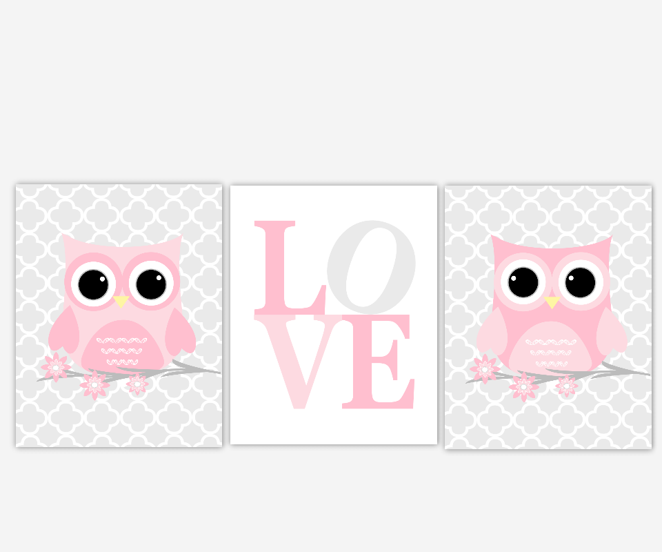 Baby Girls Canvas Nursery Wall Art Pink Gray Grey Owl Quatrefoil Love Canvas Prints Baby Nursery Decor - Pink And Gray Owl, Transparent background PNG HD thumbnail