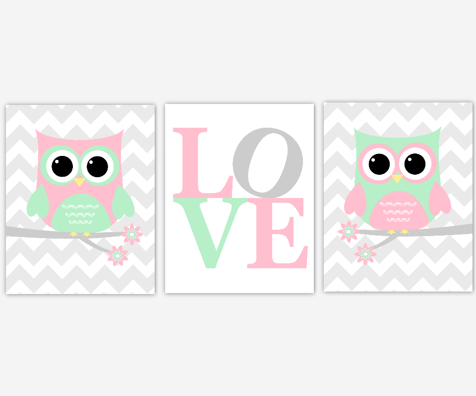 Baby Girls Canvas Nursery Wall Art Pink Green Gray Grey Owl Love Canvas Prints Baby Nursery Decor - Pink And Gray Owl, Transparent background PNG HD thumbnail