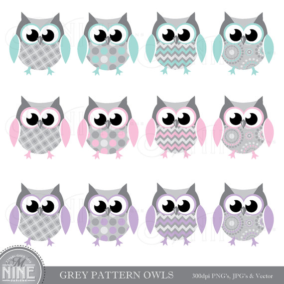 Grey Pattern Owls Clip Art Digital Clipart, Instant Download, Gray Pink Purple Teal Owl Clipart Bird Vector Art Graphics - Pink And Gray Owl, Transparent background PNG HD thumbnail