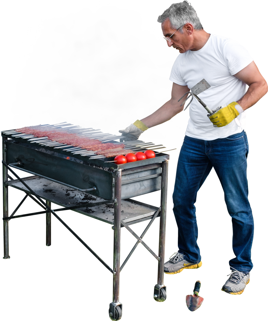E Is Grilling Some Delicious Shish Kebab And Tomatoes In A Grill Of His Own Design, Aswell As Doing Some Gardening. - Gubbar, Transparent background PNG HD thumbnail