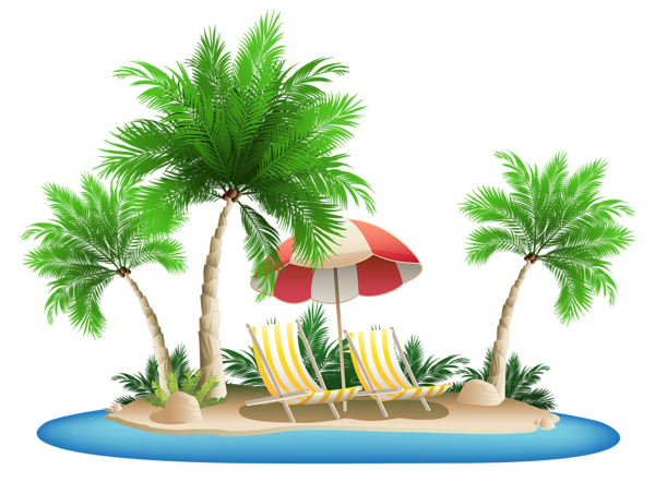Beach Umbrella With Chairs And Palm Island Png Clipart - Palm Tree Beach, Transparent background PNG HD thumbnail