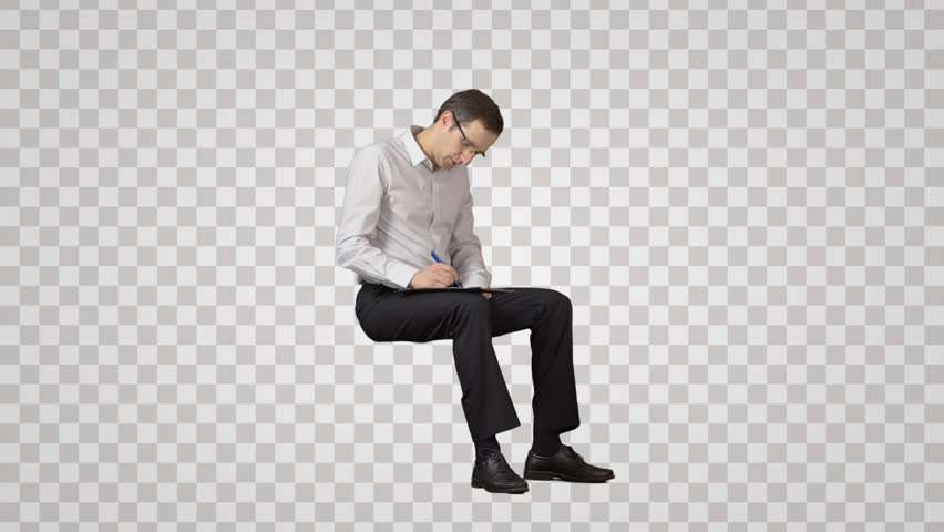 Sitting Businessman Looks At And Writes Something. Front View. Footage With Alpha Channel. - Person, Transparent background PNG HD thumbnail