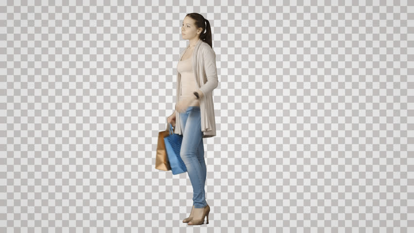 Standing Girl With Paper Packages Waits. Side View On Alpha Matte. File Format   - Pictures Of People, Transparent background PNG HD thumbnail