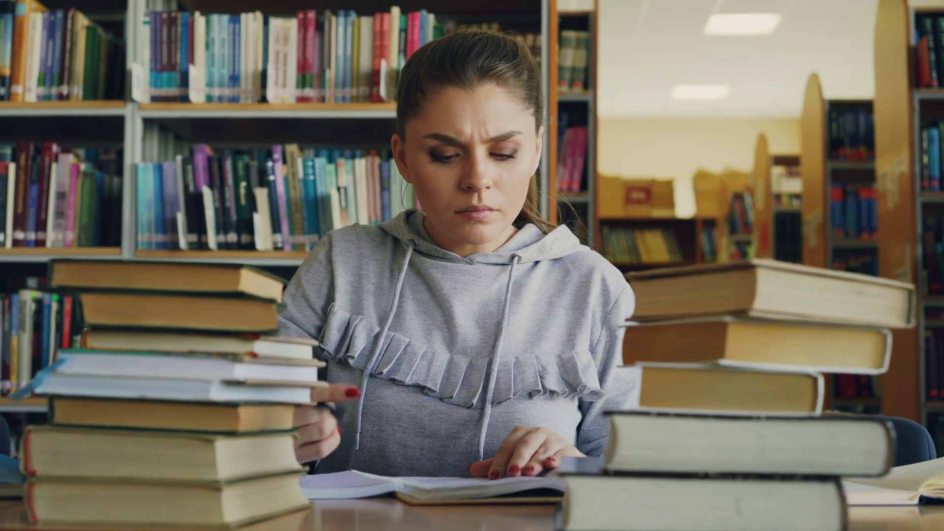 Concentrated Young Female Student Reading Books And Writing In Notebook During Working At School Project In University Library Stock Video Footage   Hdpng.com  - Student Reading, Transparent background PNG HD thumbnail