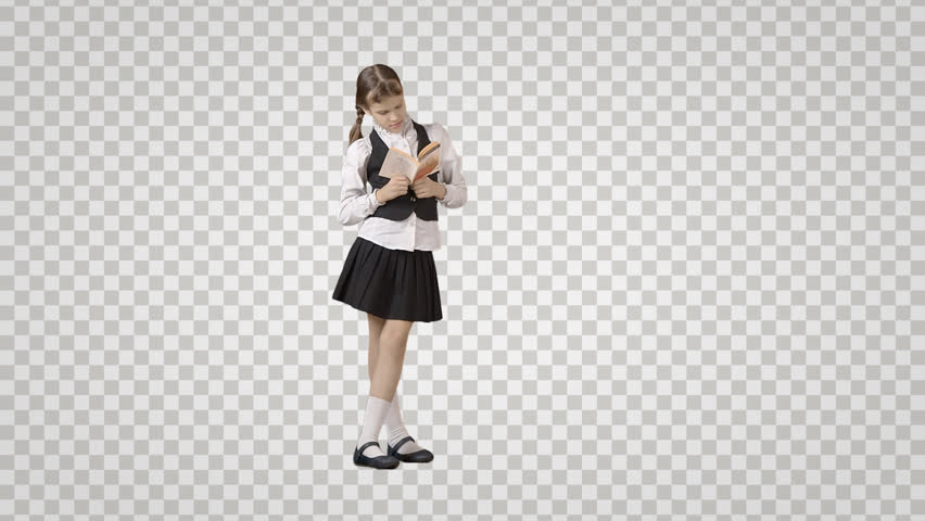 Schoolgirl With Book Is Standing, Reading U0026 Waiting. Front View. Footage With Alpha - Student Reading, Transparent background PNG HD thumbnail