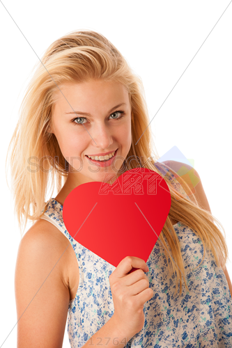 Stock Photo Of Beautiful Young Blonde Woman With Blue Eyes Holding Red Hart Banner For Valentines Day Isolated Over White Background - Of Young Blonde Woman, Transparent background PNG HD thumbnail