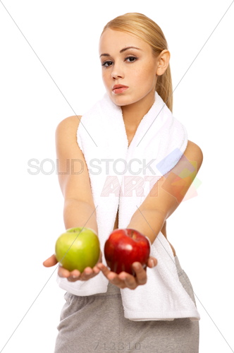 Stock Photo Of Fit Young Blonde Woman In White Sports Bra Holding Green And Red Apples Isolated Vertical - Of Young Blonde Woman, Transparent background PNG HD thumbnail