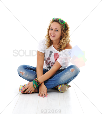 Stock Photo Of Smiling Pretty Curly Haired Blonde Young Woman In Jeans Sitting On Floor Isolated Vertical - Of Young Blonde Woman, Transparent background PNG HD thumbnail