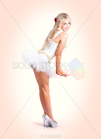 Stock Photo Of Young Blonde Woman Wearing White Ballerina Tutu White Stilettos Sultry Bent Over Pose Beige Backdrop - Of Young Blonde Woman, Transparent background PNG HD thumbnail