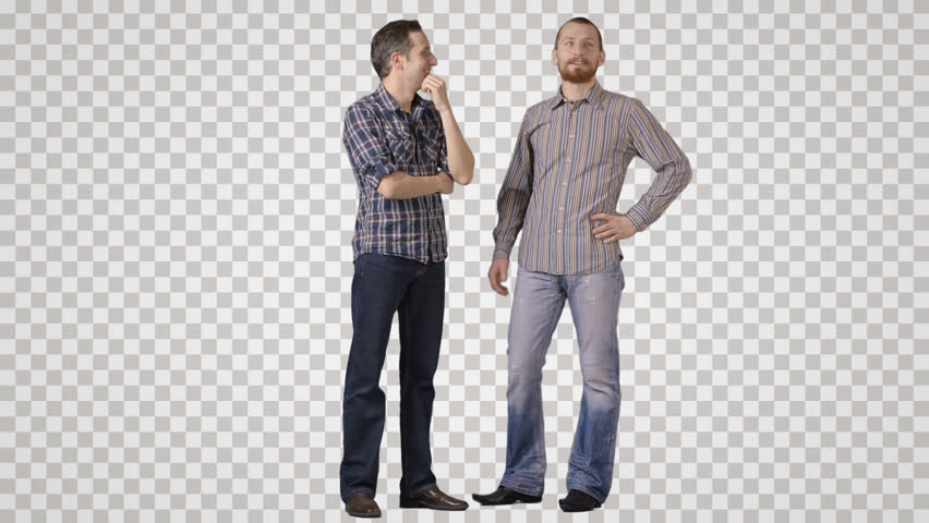 Two Men In Casual Stand Side By Side, Discuss, Laugh. Front View. - Two People Talking, Transparent background PNG HD thumbnail