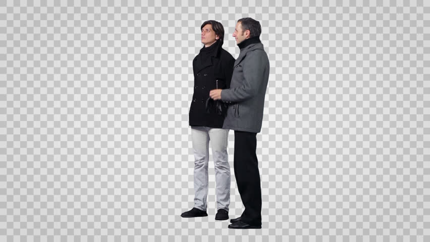 Two Men In Winter Clothes Looking At Something .side View. Footage With Alpha Channel - Two People Talking, Transparent background PNG HD thumbnail
