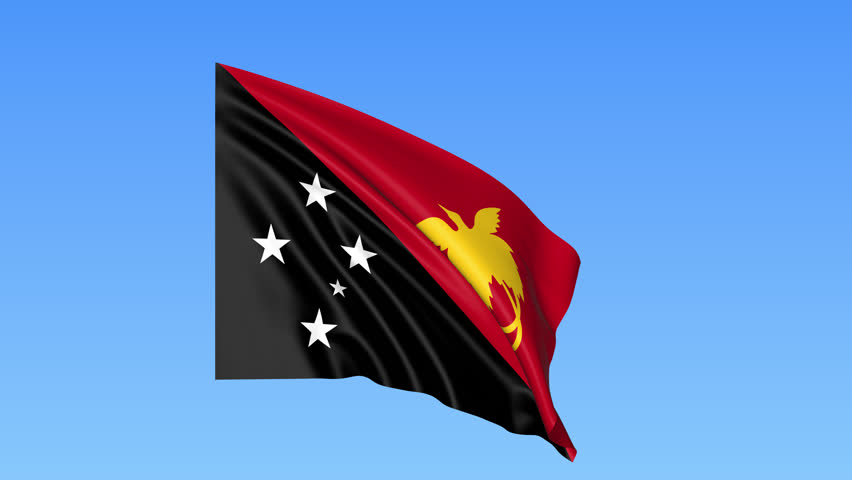 Waving Flag Of Papua New Guinea, Seamless Loop. Exact Size, Blue Background. - Waving Flag, Transparent background PNG HD thumbnail