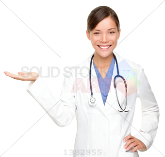 Stock Photo Of Young Medical Doctor Woman Presenting And Showing Copy Space For Product Or Text Multiracial Asian Caucasian Female Medical Prof - Woman Doctor, Transparent background PNG HD thumbnail