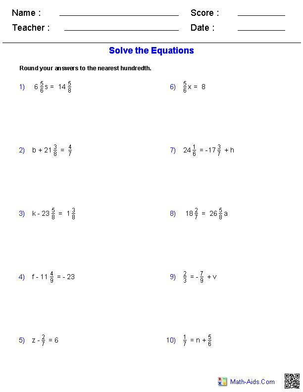 One Step Equations Worksheets Containing Fractions - Pre Algebra, Transparent background PNG HD thumbnail