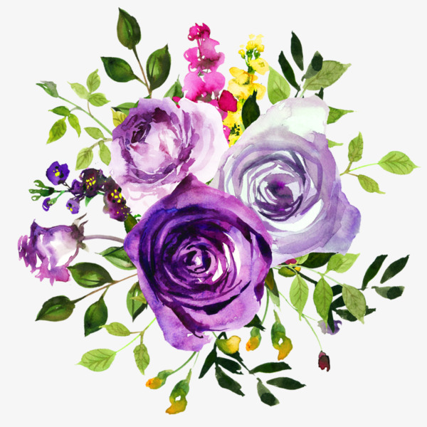 Purple Roses, Watercolor, Green Leaves, Yellow Flowers Png Image And Clipart - Purple And Pink Flowers, Transparent background PNG HD thumbnail